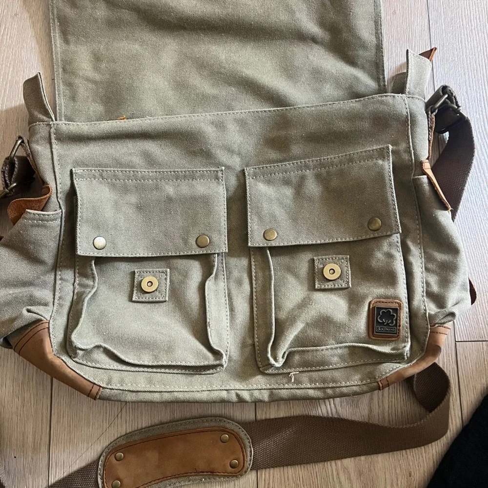 Sechunk Vintage Military Leather Canvas Laptop Bag Messenger BagKhaki Green